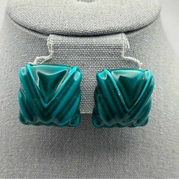 Vintage Large Statement Teal Blue Textured Puffy Square Stud Earrings Unique - Picture 1 of 8